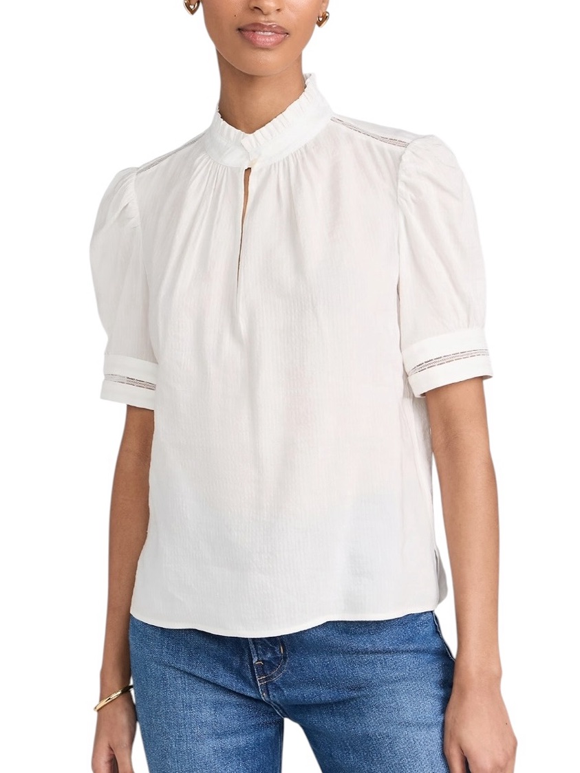 Frame White Linen Blend Ruffle Collar Lace Inset Puff Sleeve Blouse - L
